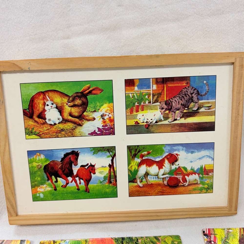 Vintage Wooden Farm Jigsaw Puzzle Set 4 Puzzles in Wood Tray Box Color Coded - Picture 9 of 9